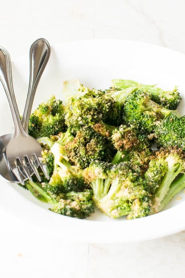 A close up front view of Air Fryer Crispy Broccoli.