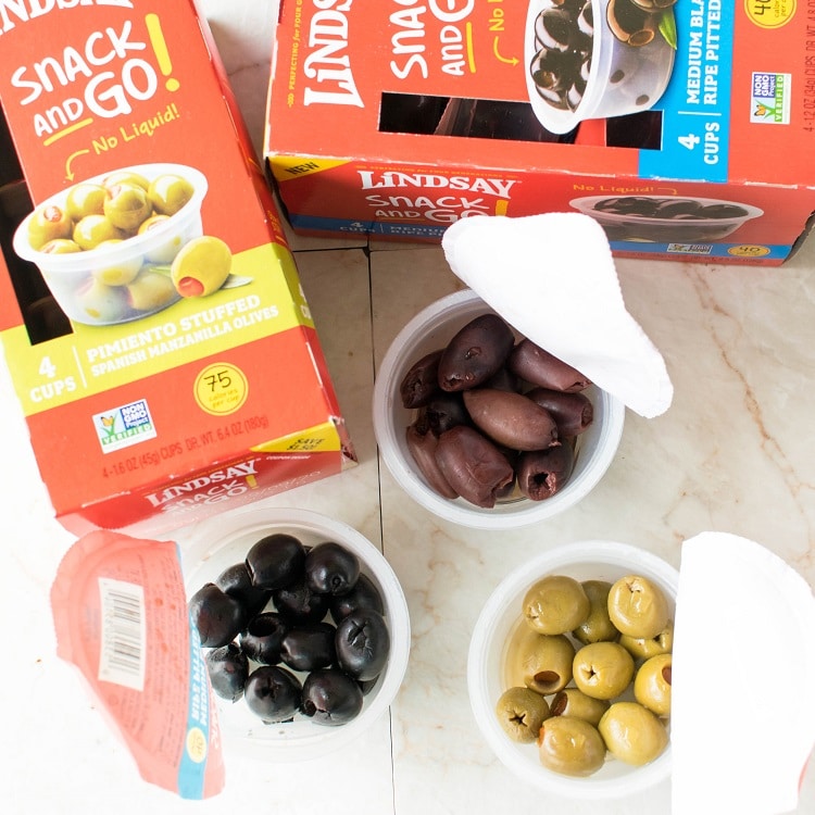 Top view of a variety of Lindsay Snack and Go Olives