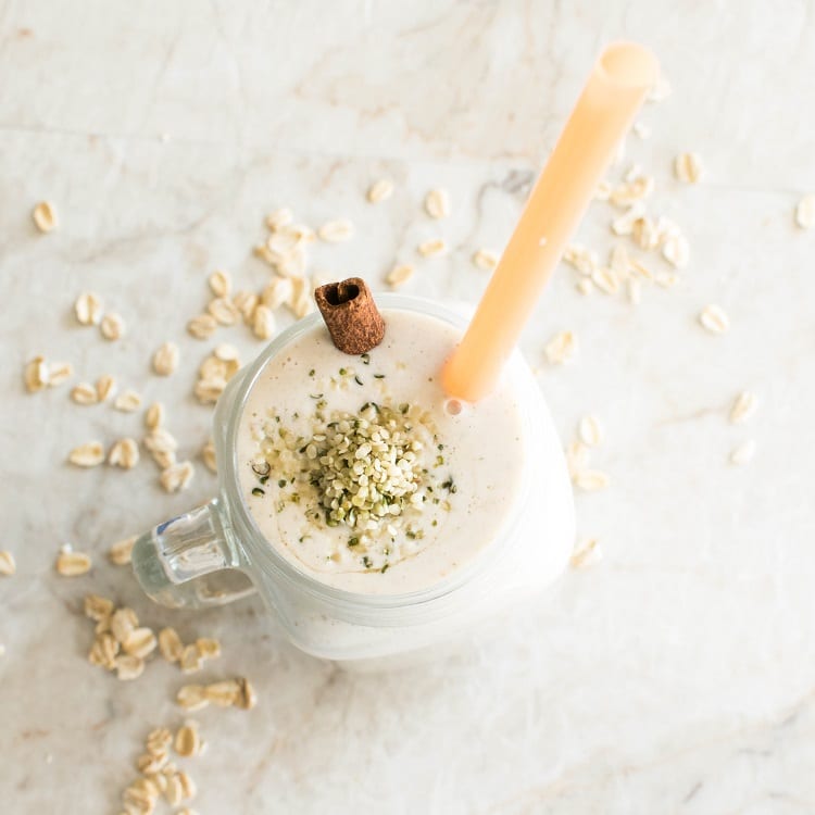 Top view of Oatmeal Creme Pie Smoothie in a serving glass