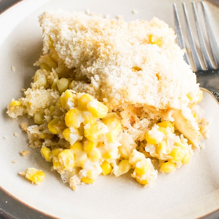 A close up view of creamed corn casserole
