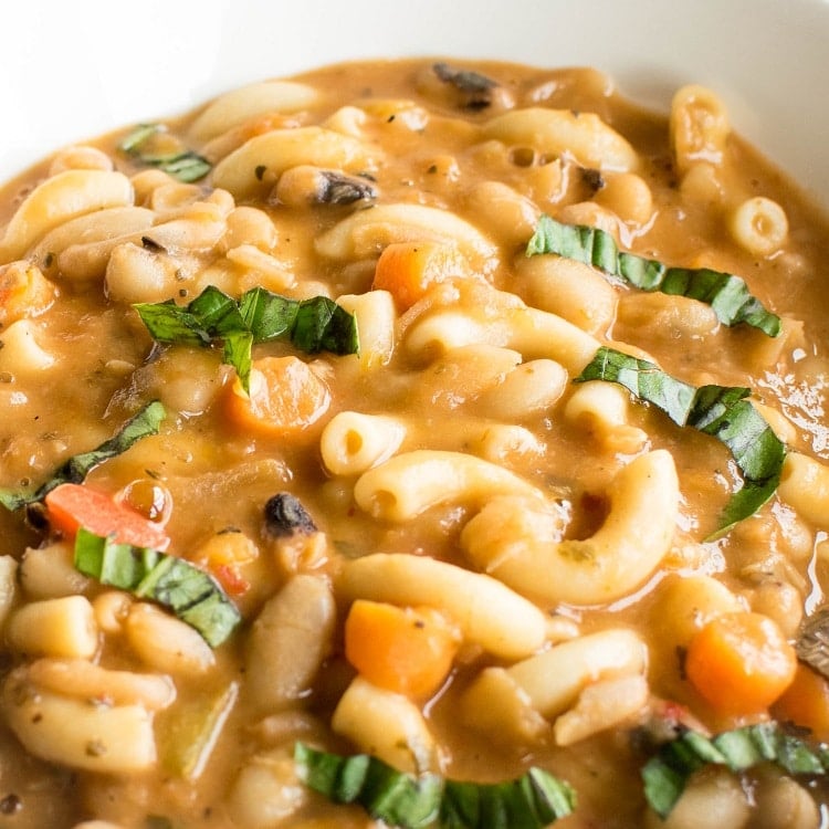 A close up view of pasta fagioli soup