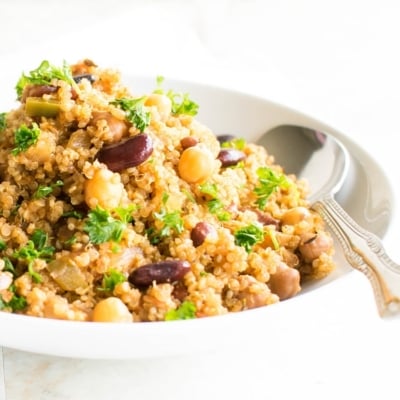 A front view of heaped vegan jambalaya with quinoa