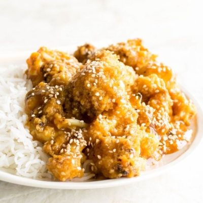 A close up of spicy orange cauliflower