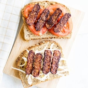 Air Fryer Tempeh Bacon on Bread slices
