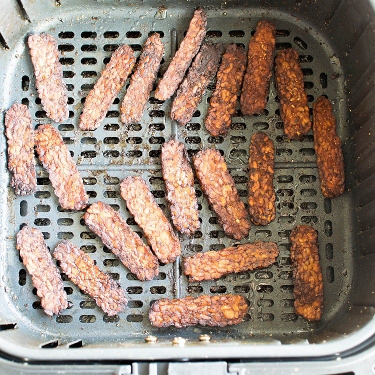 Tempeh Bacon in Air Fryer Basket