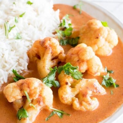 A 45 degree angle view of cauliflower tikka masala