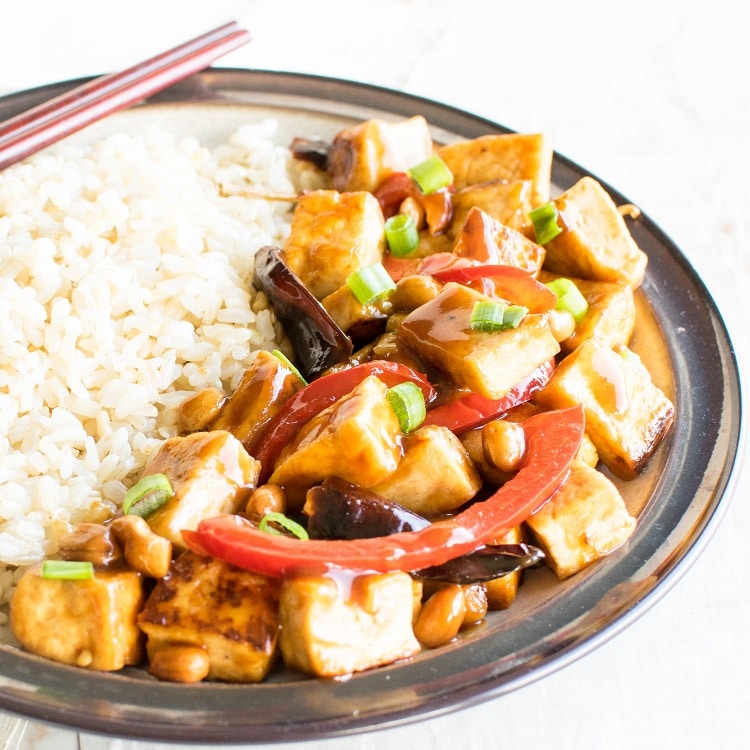 A 45 degree angle view of Kung Pao Tofu