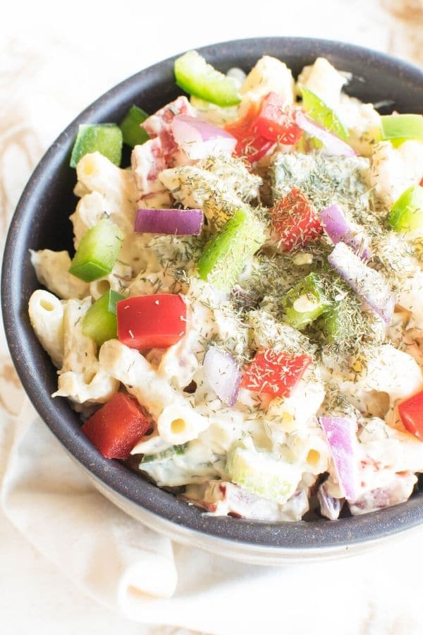 A close up view of vegan macaroni salad
