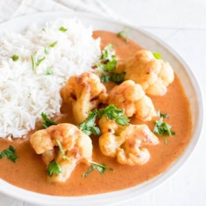 A 45 degree angle view of cauliflower tikka masala