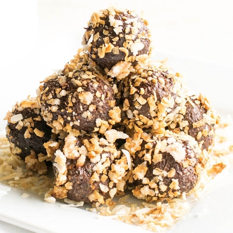 Front view of stacked chocolate truffle energy bites