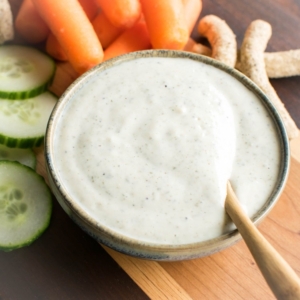 A 45 degree angle view of vegan ranch dressing