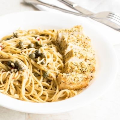 A 45 degree angle view of Tofu Steak Spaghetti