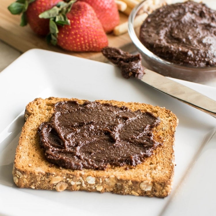 A front view of vegan nutella spread on a toast