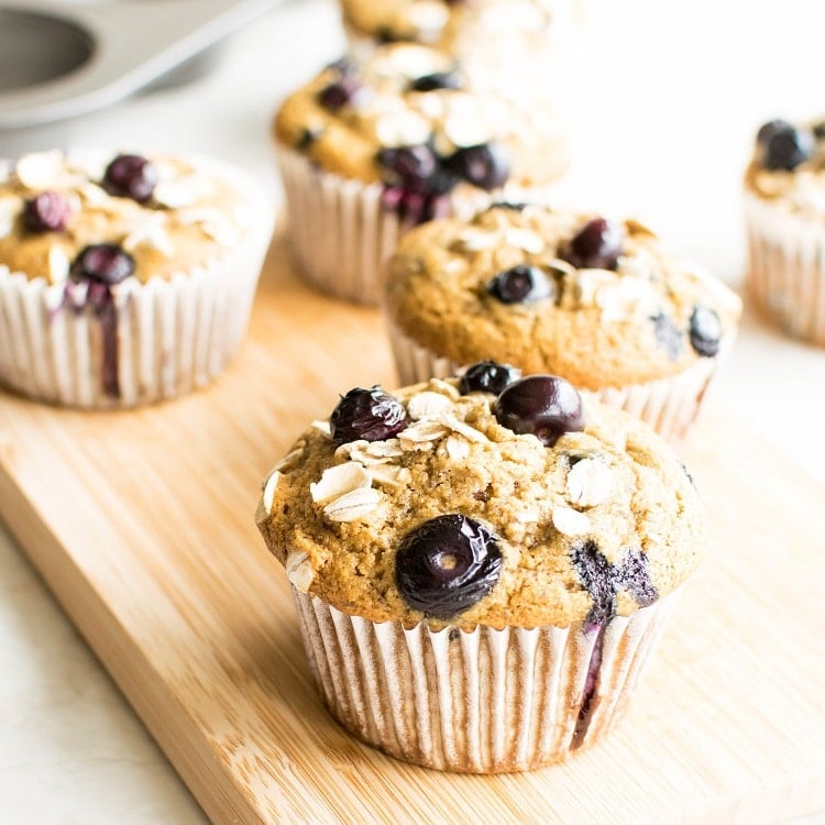 A front view of oil free vegan blueberry muffins