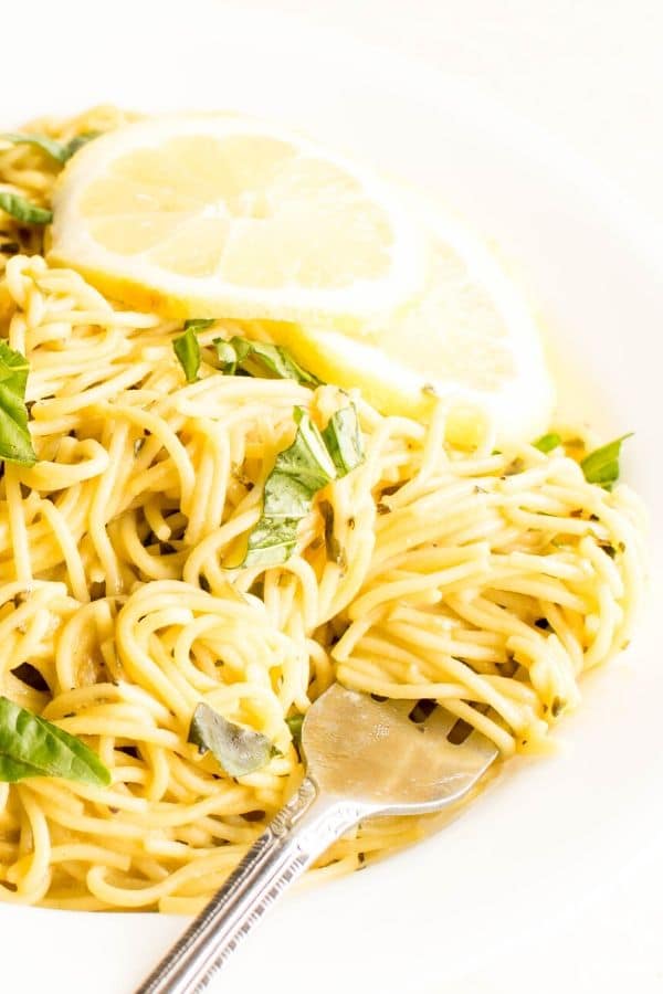 A 45 degree angle view of lemon pasta recipe