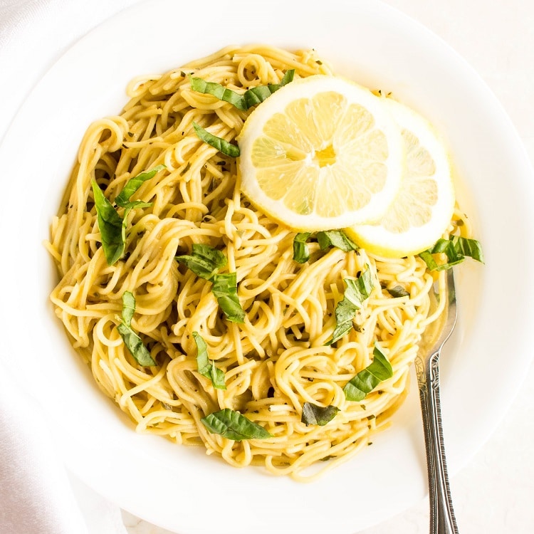 Top view of lemon pasta recipe in a serving plate.