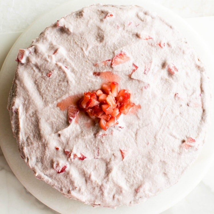 top view of vegan strawberry cake (oil free)