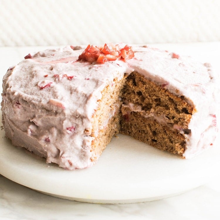 A front view of the inside of vegan strawberry cake (oil free)