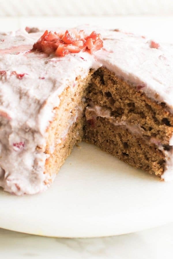 A close of the half eaten vegan strawberry cake (oil free)