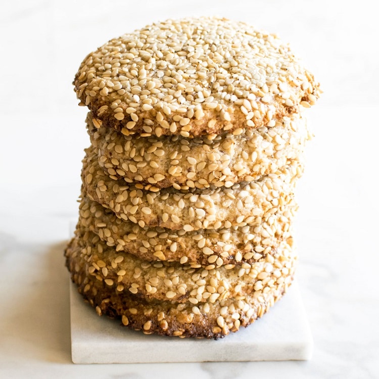 A front view of the stack of one bowl tahini cookies