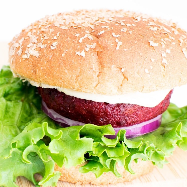 a close up view of spicy beet burger