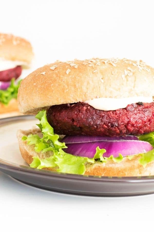 A 45 degree angle view of spicy beet burger