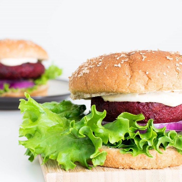side angle view of spicy beet burger