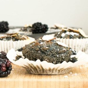 Vegan Blackberry Muffins (oil free) on a wooden board