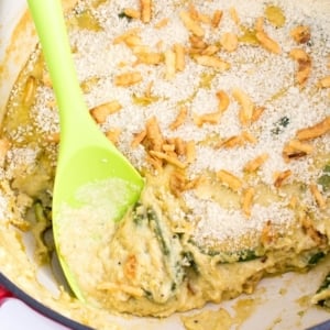 scooped vegan green bean casserole recipe from Dutch oven