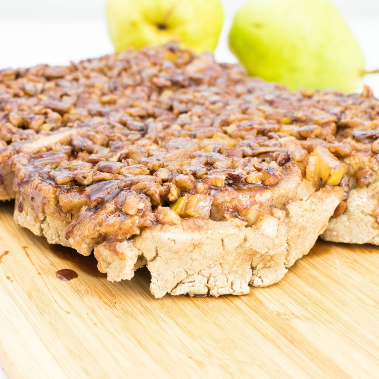 A front view of pear stuffed pecan sticky buns.