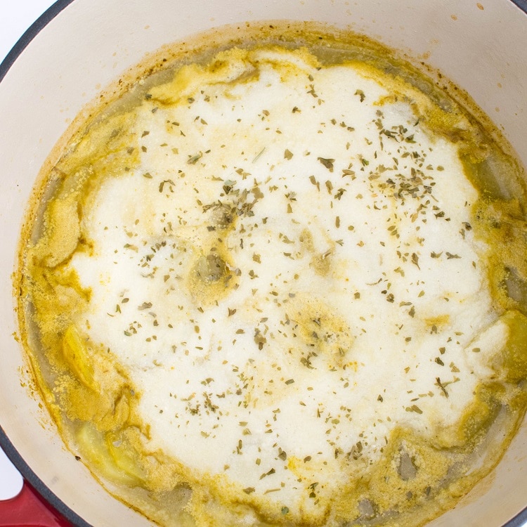 top view of baked nut free vegan scalloped potatoes.