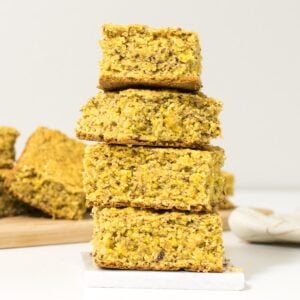 a front view of stacked vegan cornbread.