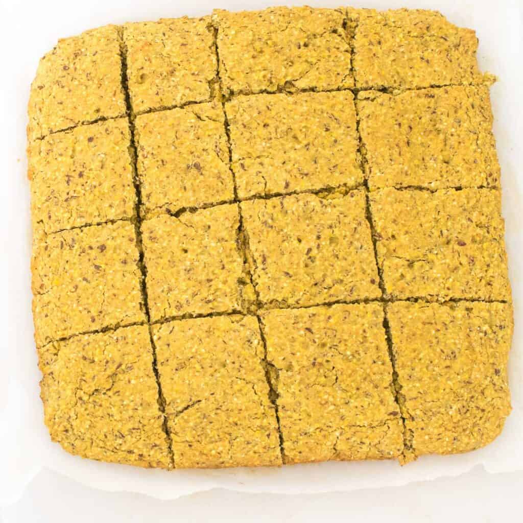 full view of vegan cornbread sliced.