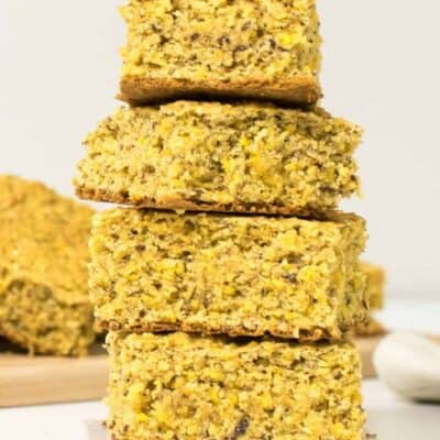 a front view of stacked vegan cornbread.