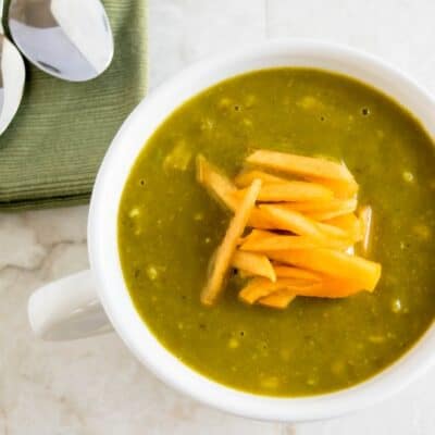 A front view of serving bowls filled with Persimmons Kale Avocado Soup