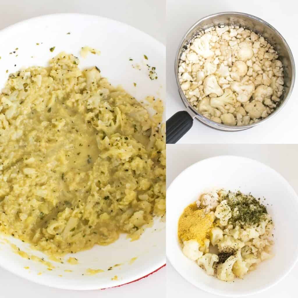 steps to cook and mash the topping with cauliflower.