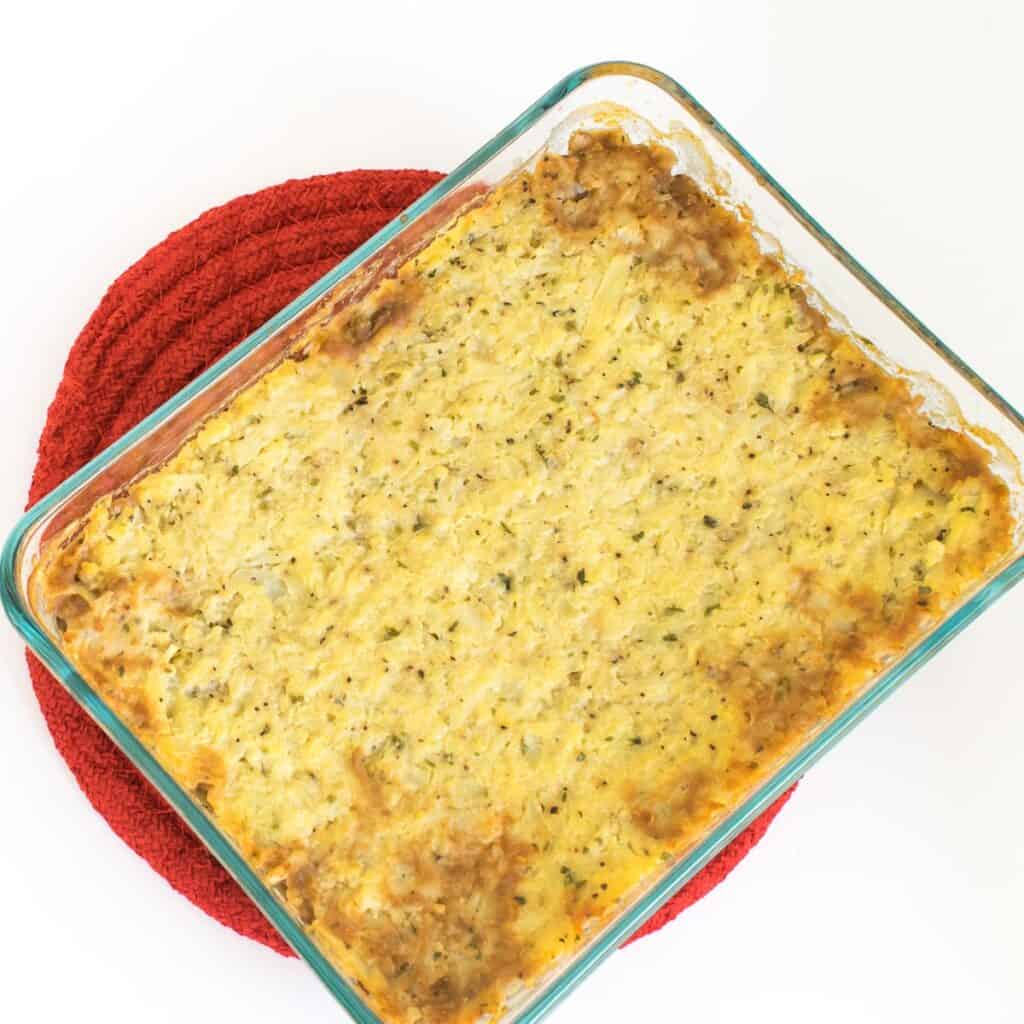 top view of baked lentil shepherd's pie. 