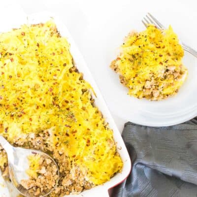 top view of the spaghetti squash casserole served on a plate from the baking dish.