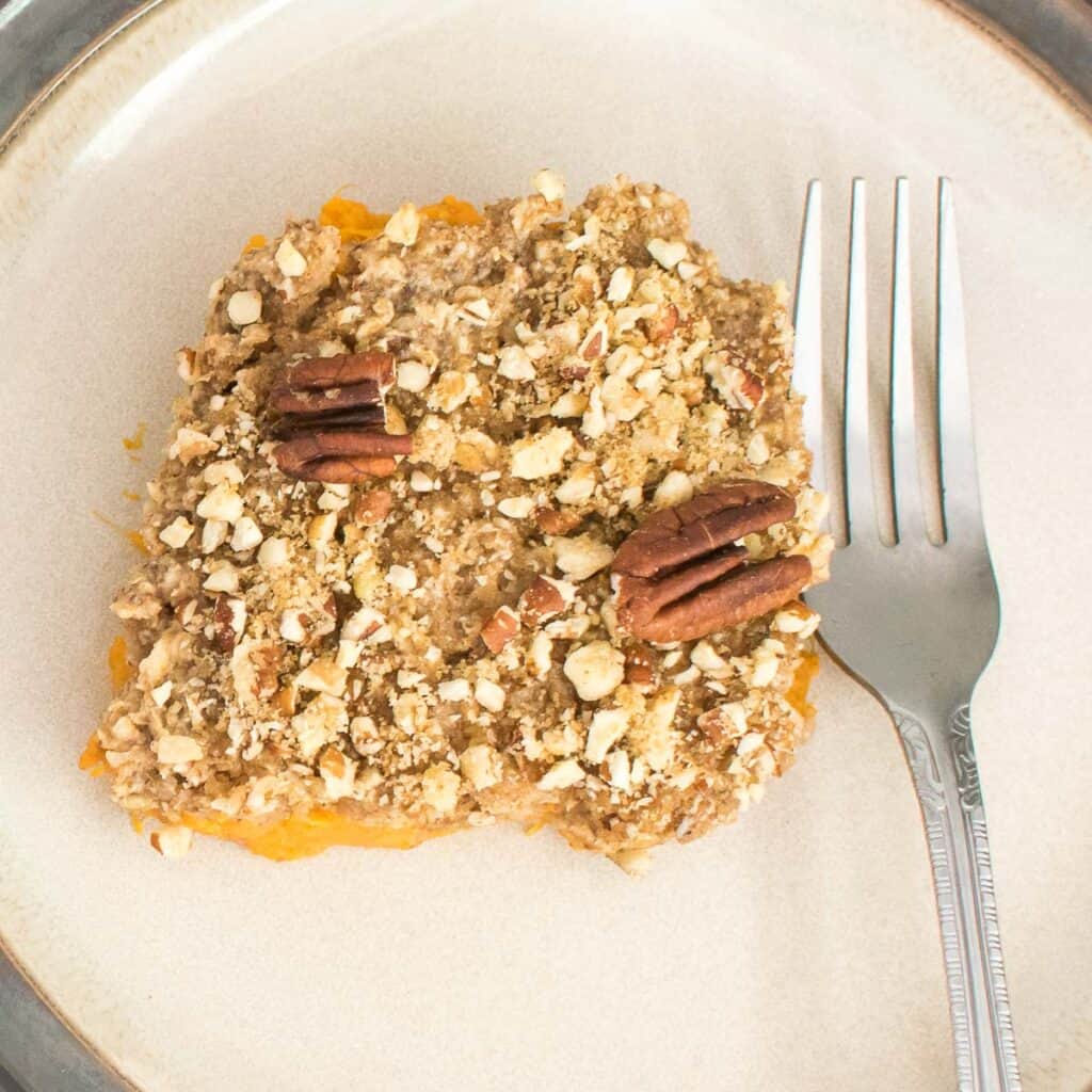 top view of served slice of vegan sweet potato casserole.