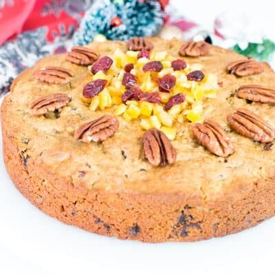 A 45 degree angle view of Christmas Fruit Cake.
