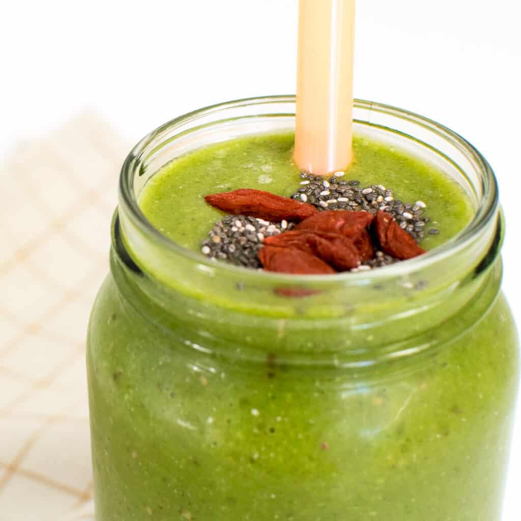 a close up view of kale smoothie.