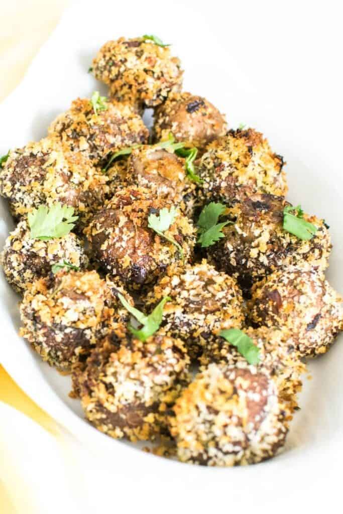 a close up view of air fryer mushrooms.