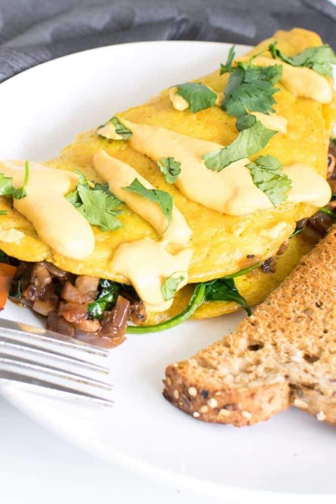 a 45 degree angle view of vegan omelette.