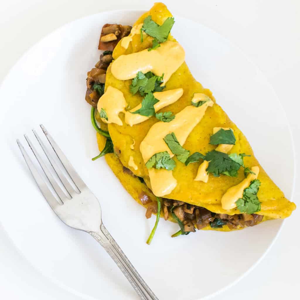 top view of vegan omelette in a serving plate.