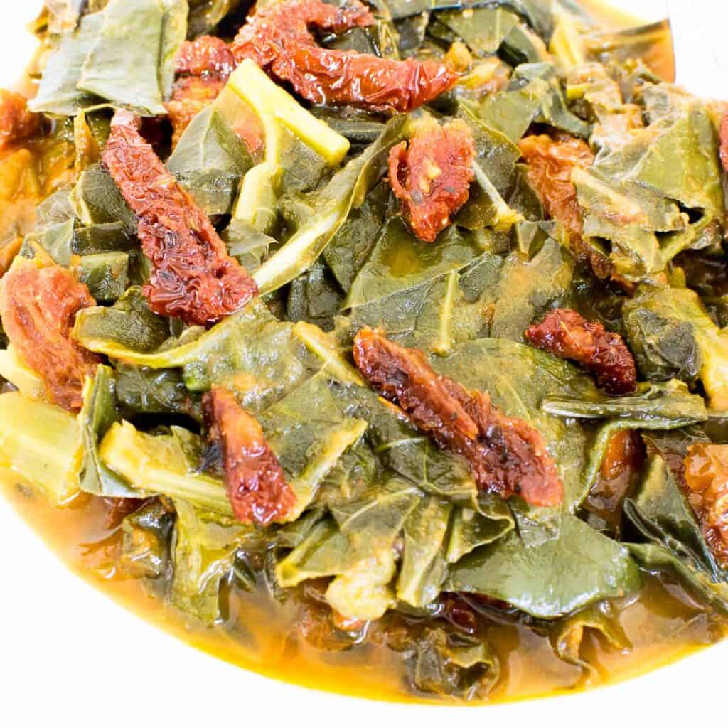 a close up view of vegan collard greens.