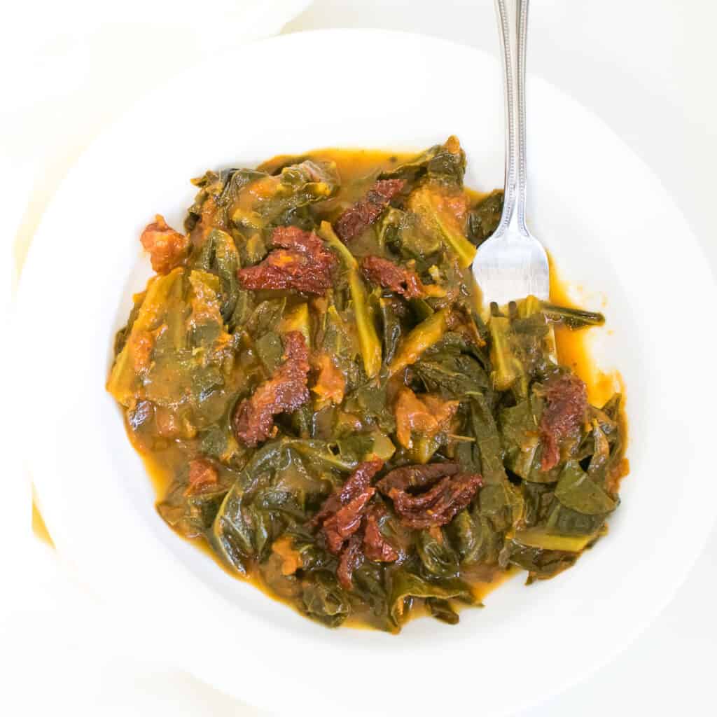 top view of served vegan collard greens.