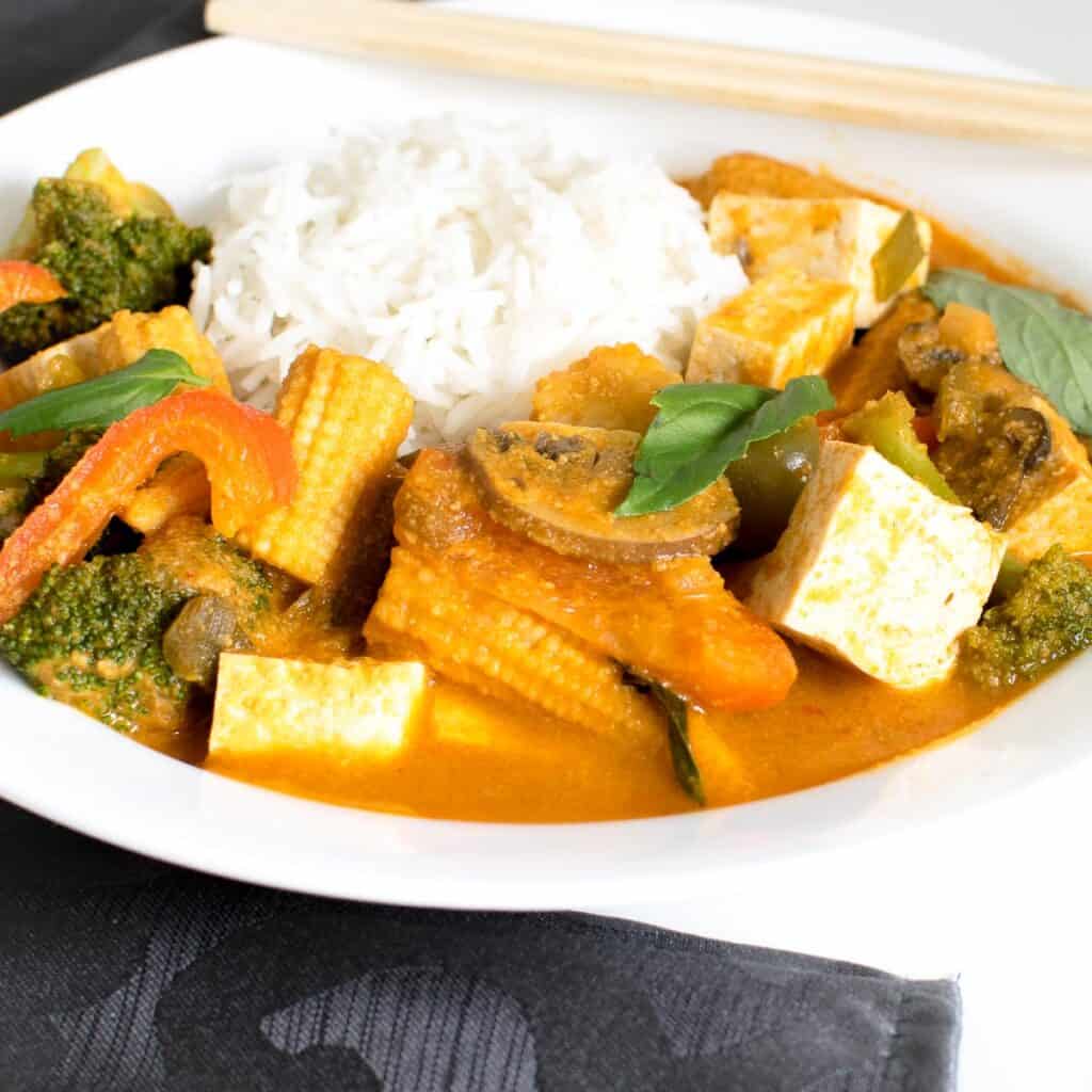 a 45 degree angle view of Thai red curry vegetables 