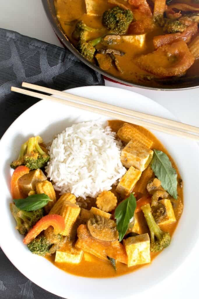 top view of the served Thai red curry vegetables.