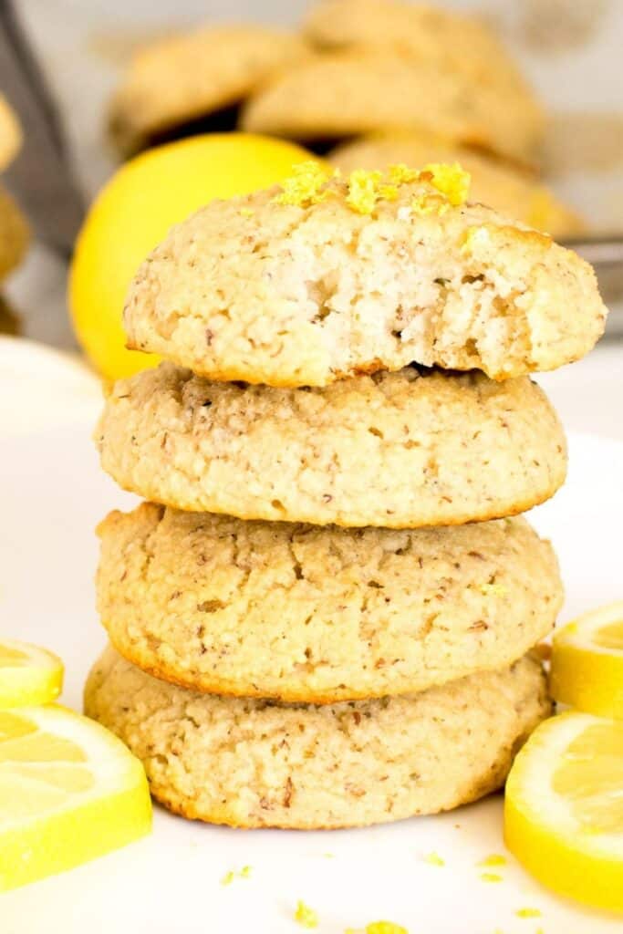 a front view of half eaten vegan lemon cookies.