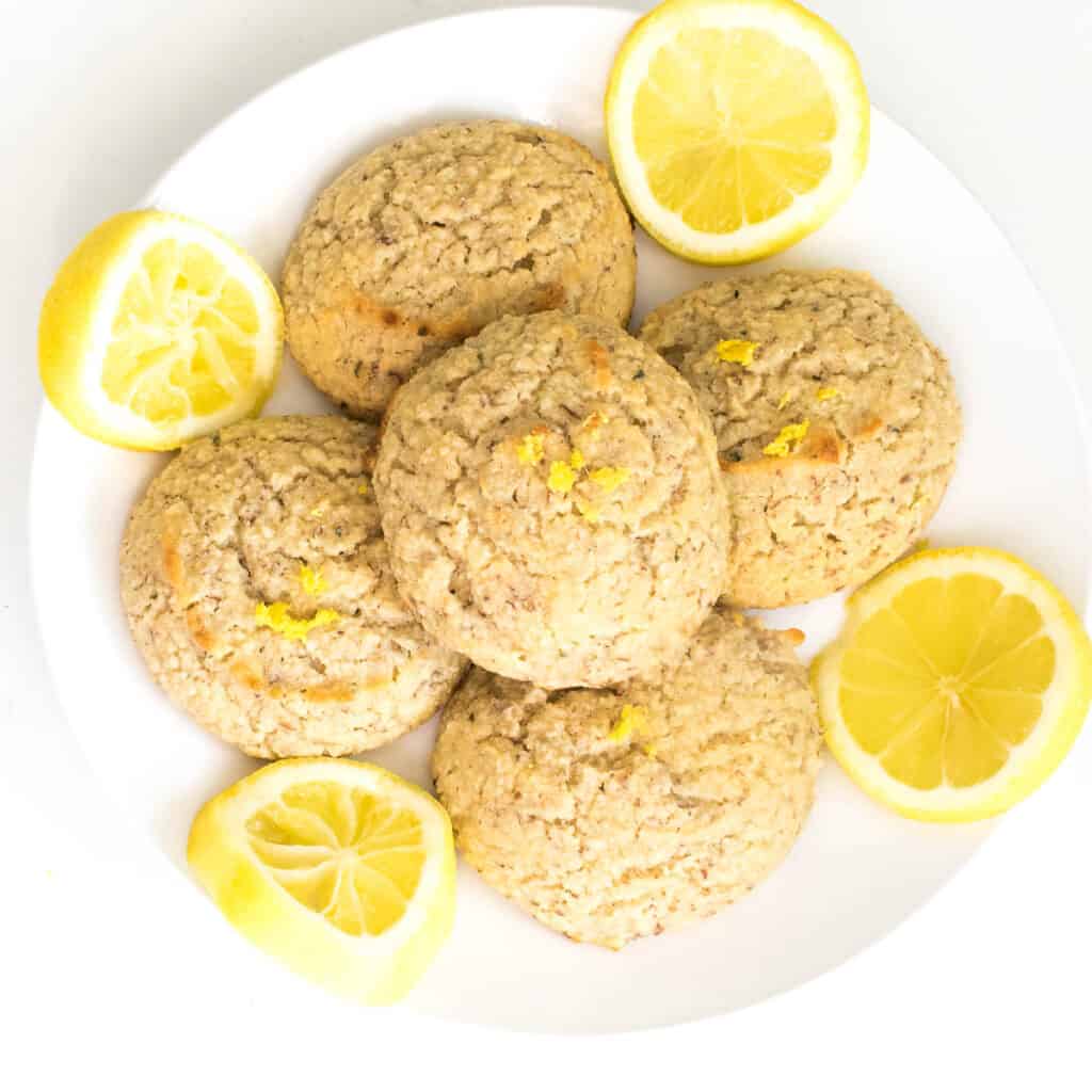 top view of loaded vegan lemon cookies  on a plate.